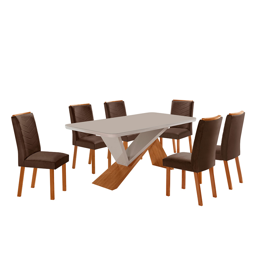 Conjunto de Mesa Retangular com Tampo de Vidro Off White Ayla e 6 Cadeiras Turquesa Veludo Marrom e Amadeirado 180 cm