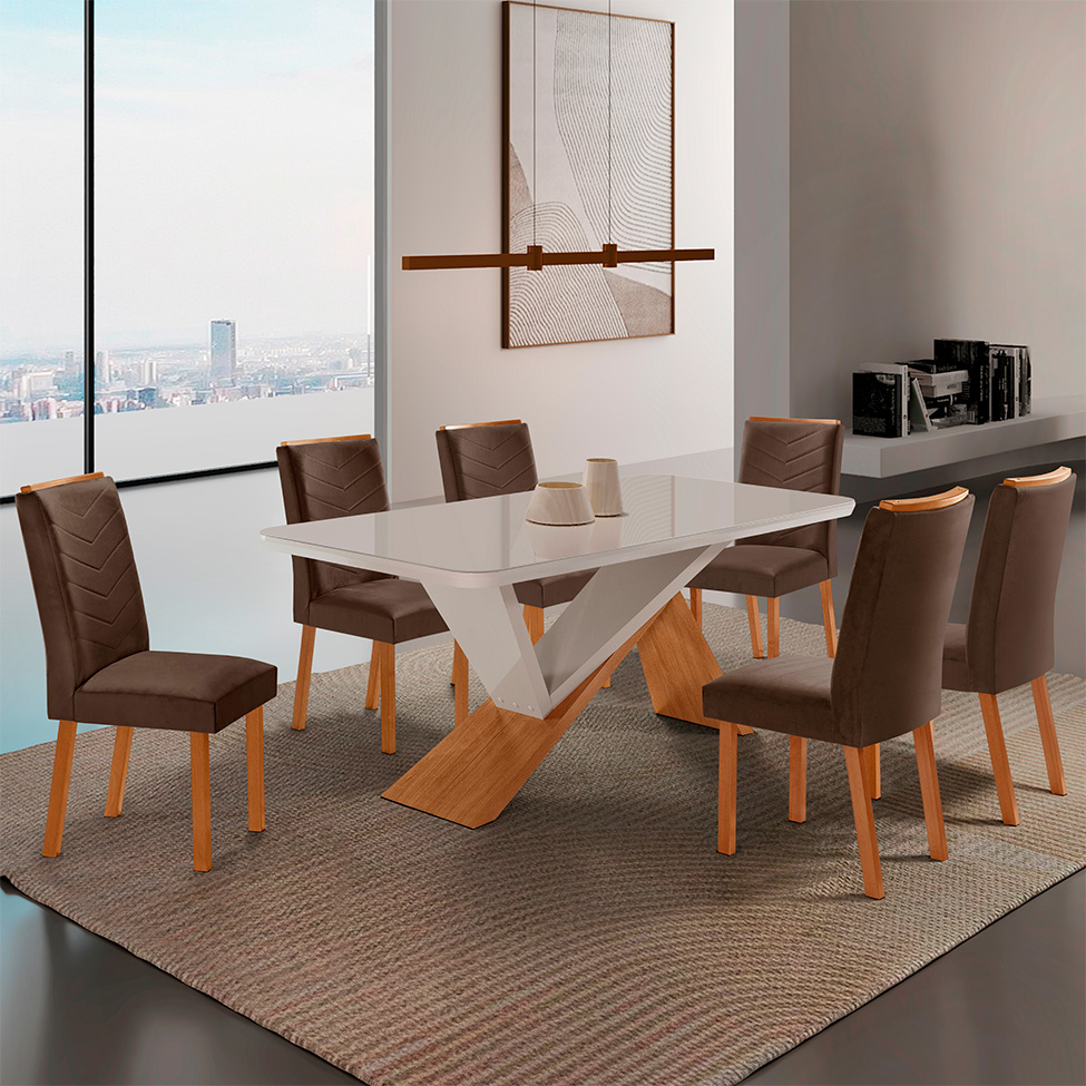 Conjunto de Mesa Retangular com Tampo de Vidro Off White Ayla e 6 Cadeiras Turquesa Veludo Marrom e Amadeirado 180 cm