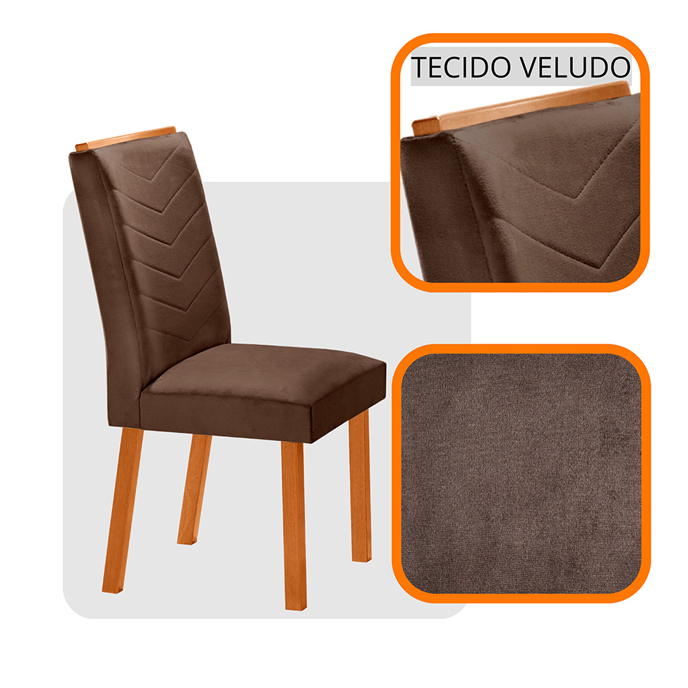 Conjunto de Mesa Retangular com Tampo de Vidro Off White Ayla e 6 Cadeiras Turquesa Veludo Marrom e Amadeirado 180 cm