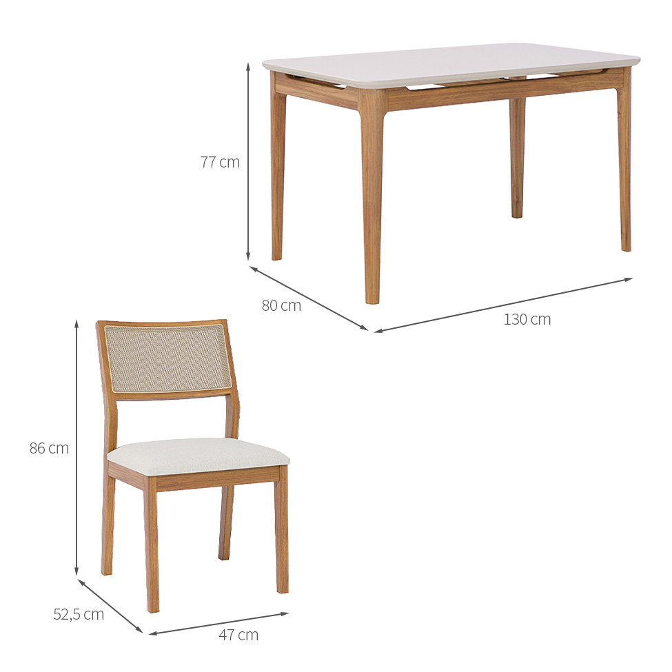 Conjunto de Mesa Retangular com Tampo de Vidro Off White Baobá e 4 Cadeiras Oiti Linho Cru e Madeira 130 cm