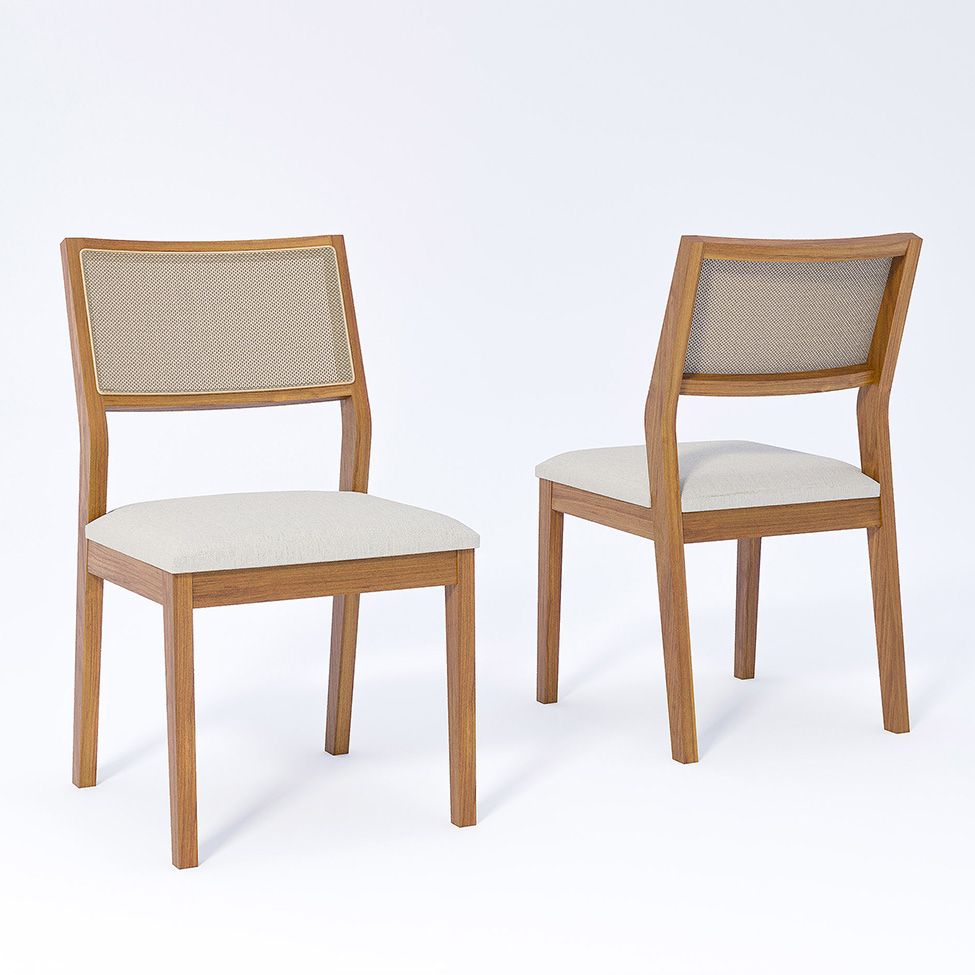 Conjunto de Mesa Retangular com Tampo de Vidro Off White Baobá e 4 Cadeiras Oiti Linho Cru e Madeira 130 cm