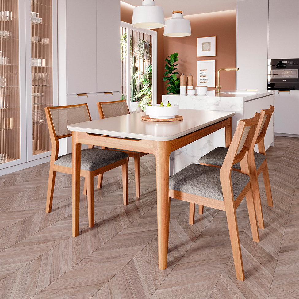 Conjunto de Mesa Retangular com Tampo de Vidro Off White Baobá e 4 Cadeiras Oiti Linho Grafite e Madeira 130 cm