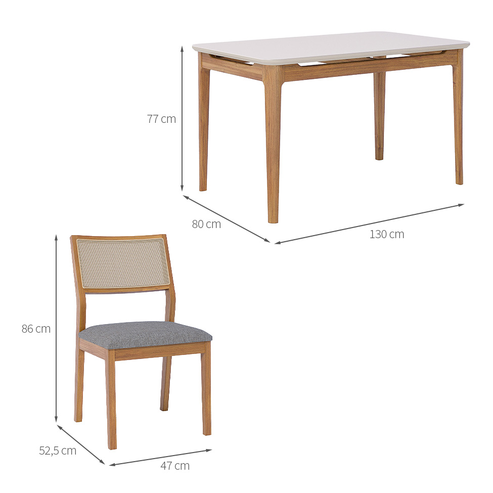 Conjunto de Mesa Retangular com Tampo de Vidro Off White Baobá e 4 Cadeiras Oiti Linho Grafite e Madeira 130 cm