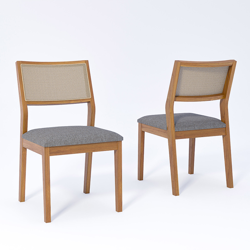 Conjunto de Mesa Retangular com Tampo de Vidro Off White Baobá e 4 Cadeiras Oiti Linho Grafite e Madeira 130 cm