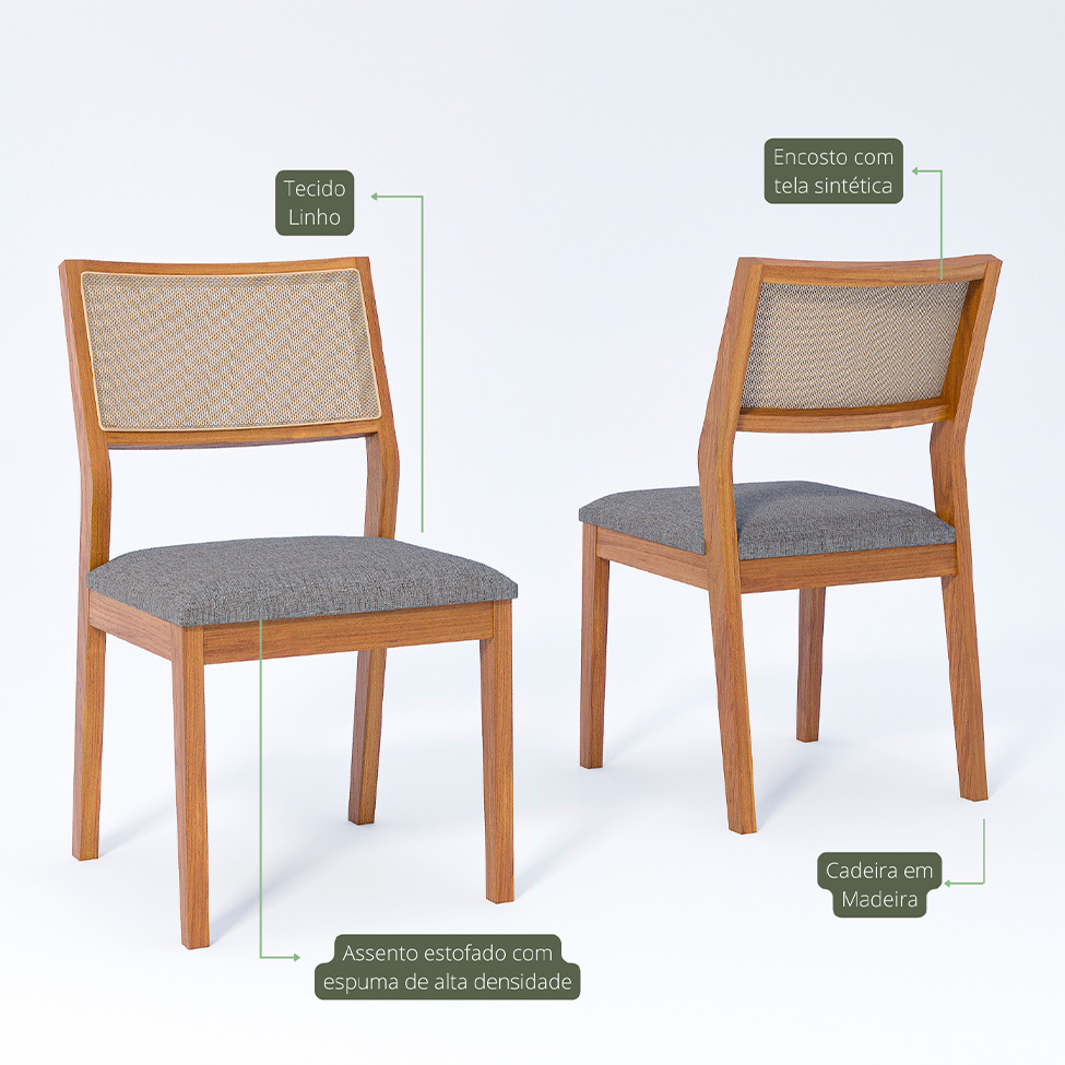 Conjunto de Mesa Retangular com Tampo de Vidro Off White Baobá e 4 Cadeiras Oiti Linho Grafite e Madeira 130 cm