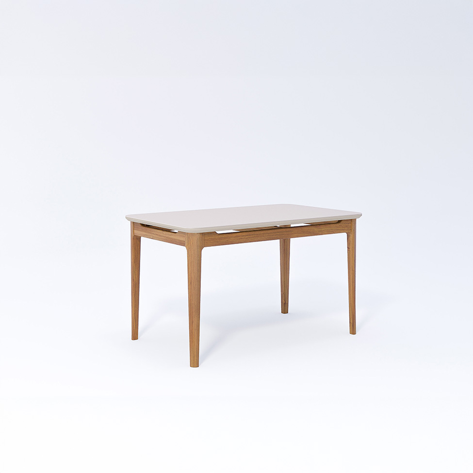 Conjunto de Mesa Retangular com Tampo de Vidro Off White Baobá e 4 Cadeiras Oiti Linho Grafite e Madeira 130 cm