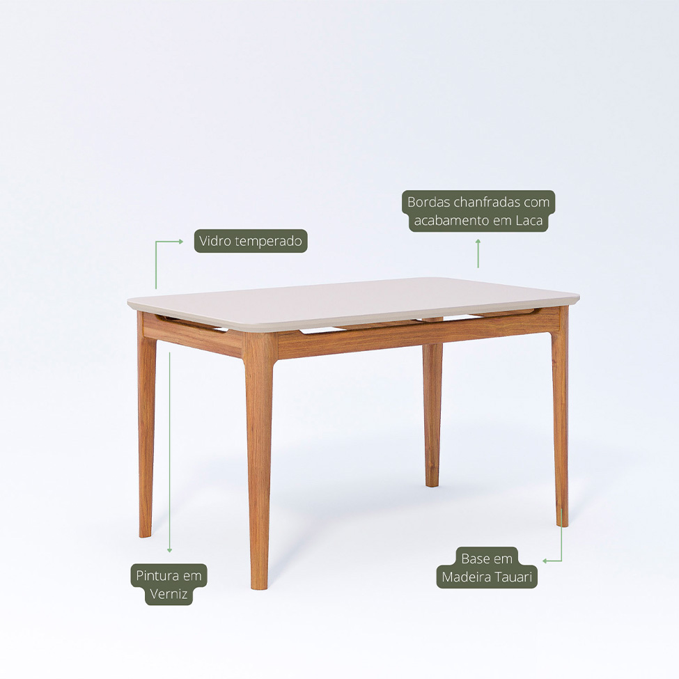 Conjunto de Mesa Retangular com Tampo de Vidro Off White Baobá e 4 Cadeiras Oiti Linho Grafite e Madeira 130 cm