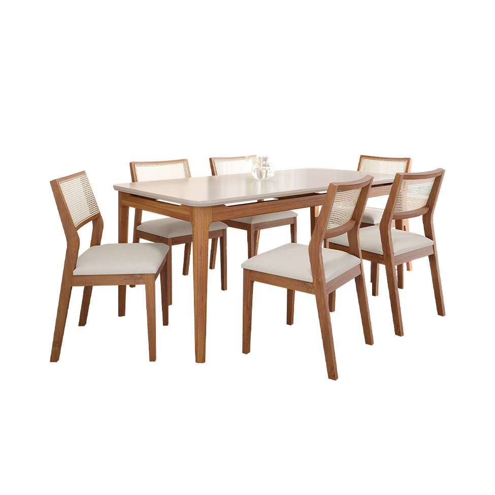 Conjunto de Mesa Retangular com Tampo de Vidro Off White Baobá e 6 Cadeiras Bella Linho Cru e Madeira 180 cm