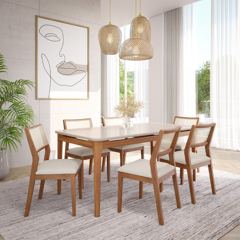 Conjunto de Mesa Retangular com Tampo de Vidro Off White Baobá e 6 Cadeiras Bella Linho Cru e Madeira 180 cm