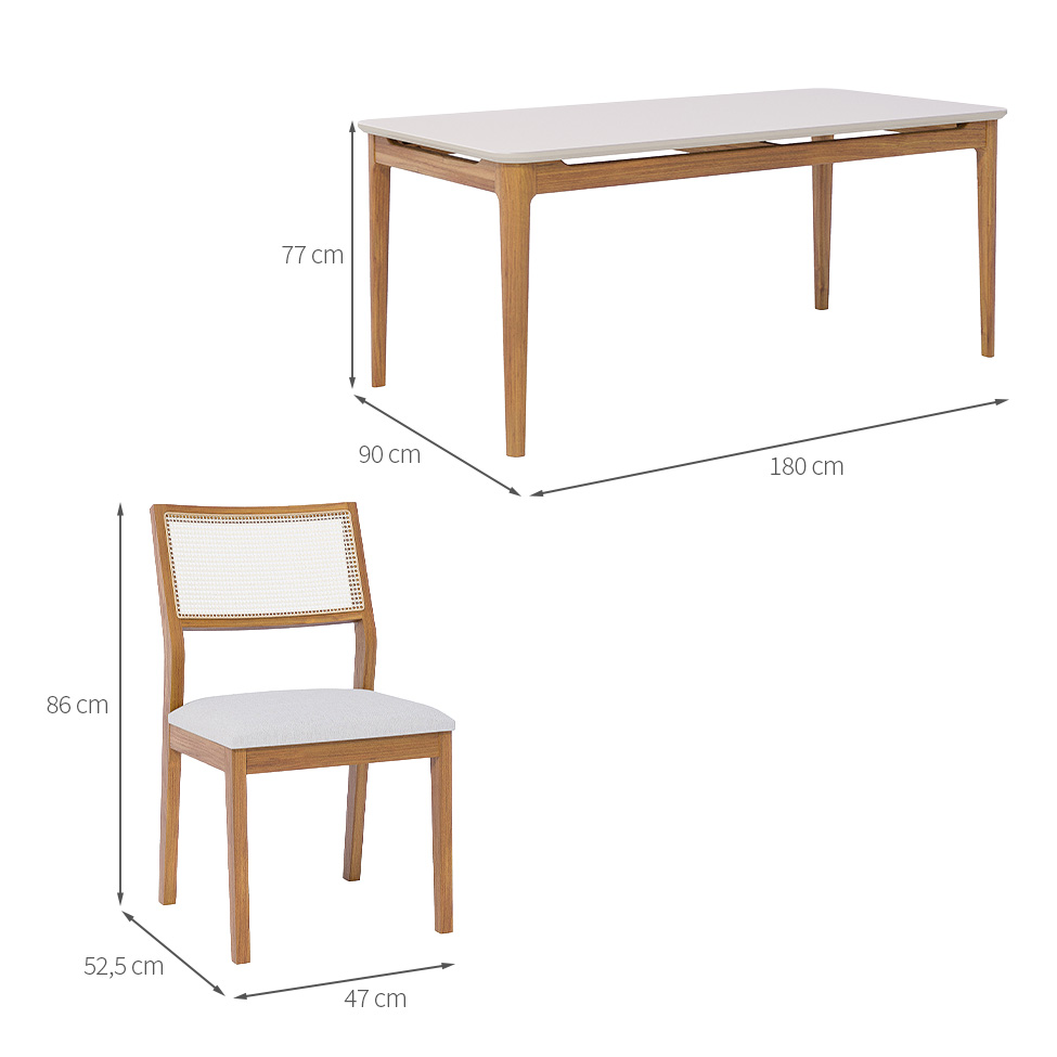 Conjunto de Mesa Retangular com Tampo de Vidro Off White Baobá e 6 Cadeiras Bella Linho Cru e Madeira 180 cm