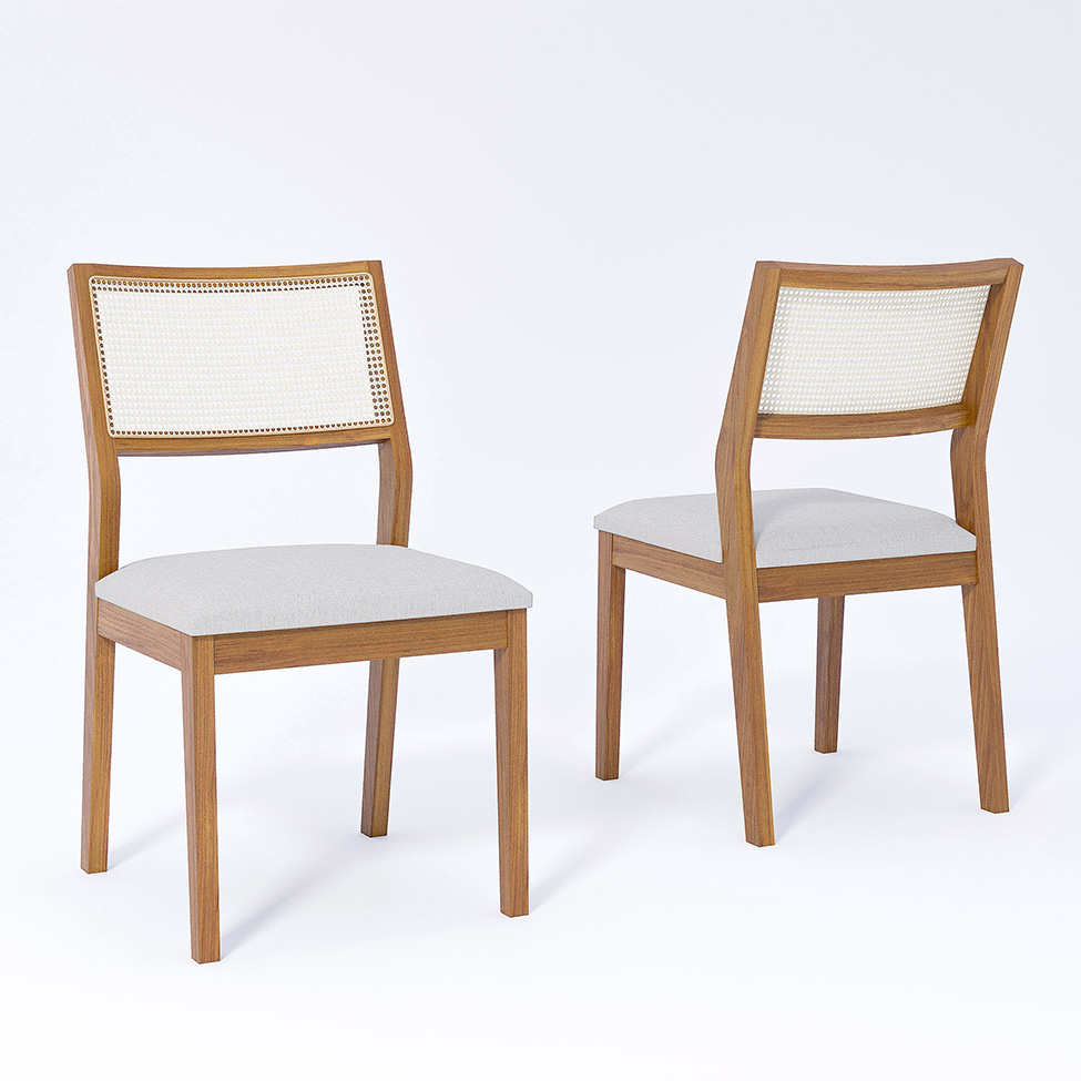 Conjunto de Mesa Retangular com Tampo de Vidro Off White Baobá e 6 Cadeiras Bella Linho Cru e Madeira 180 cm