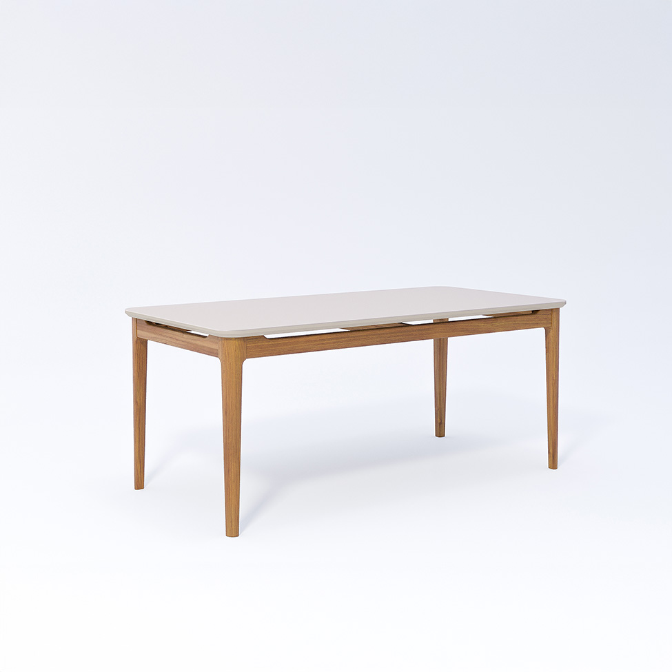 Conjunto de Mesa Retangular com Tampo de Vidro Off White Baobá e 6 Cadeiras Bella Linho Cru e Madeira 180 cm