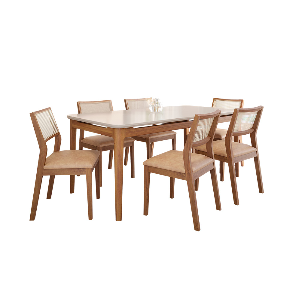 Conjunto de Mesa Retangular com Tampo de Vidro Off White Baobá e 6 Cadeiras Bella Revestimento Sintético Kaki e Madeira 180 cm
