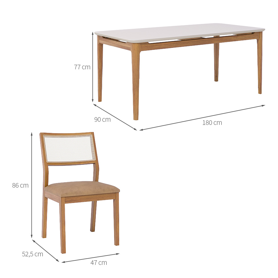 Conjunto de Mesa Retangular com Tampo de Vidro Off White Baobá e 6 Cadeiras Bella Revestimento Sintético Kaki e Madeira 180 cm