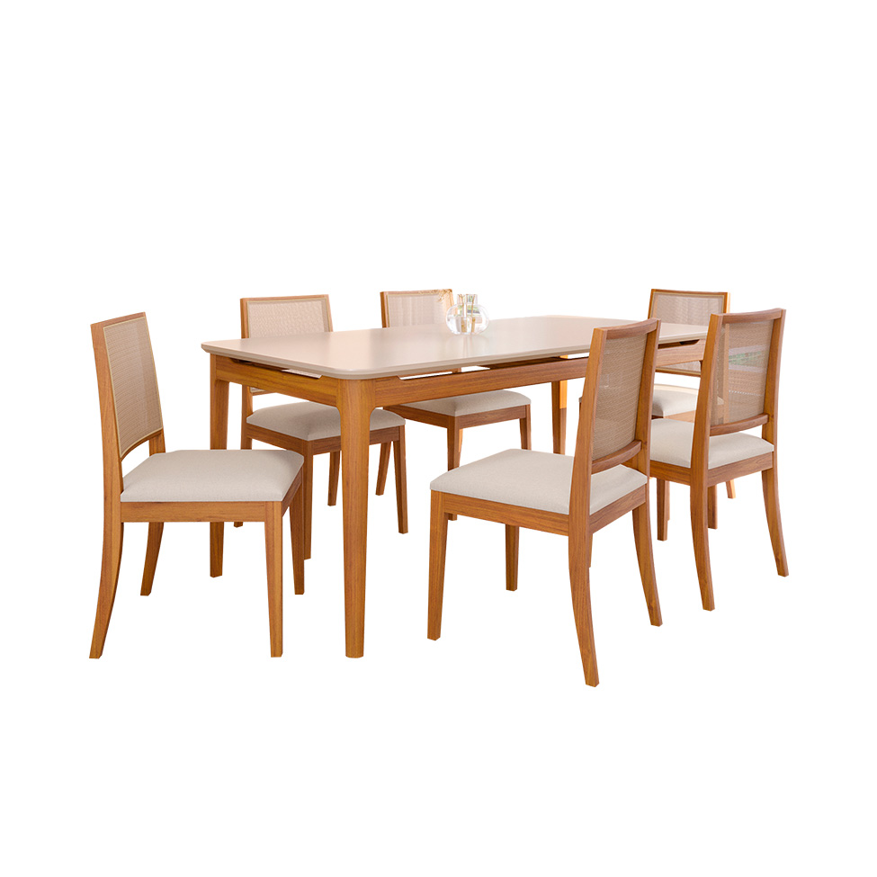 Conjunto de Mesa Retangular com Tampo de Vidro Off White Baobá e 6 Cadeiras Buriti Linho Cru e Madeira 180 cm
