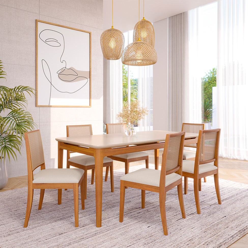 Conjunto de Mesa Retangular com Tampo de Vidro Off White Baobá e 6 Cadeiras Buriti Linho Cru e Madeira 180 cm