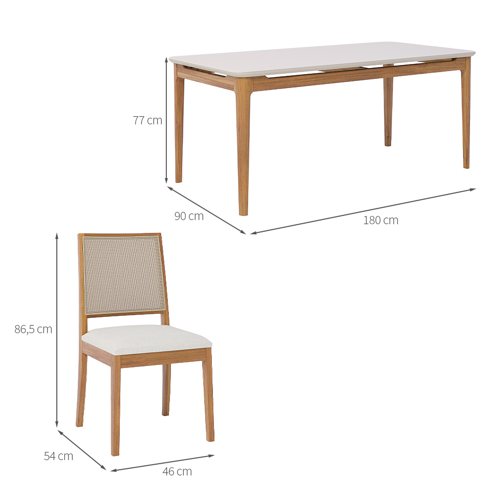 Conjunto de Mesa Retangular com Tampo de Vidro Off White Baobá e 6 Cadeiras Buriti Linho Cru e Madeira 180 cm