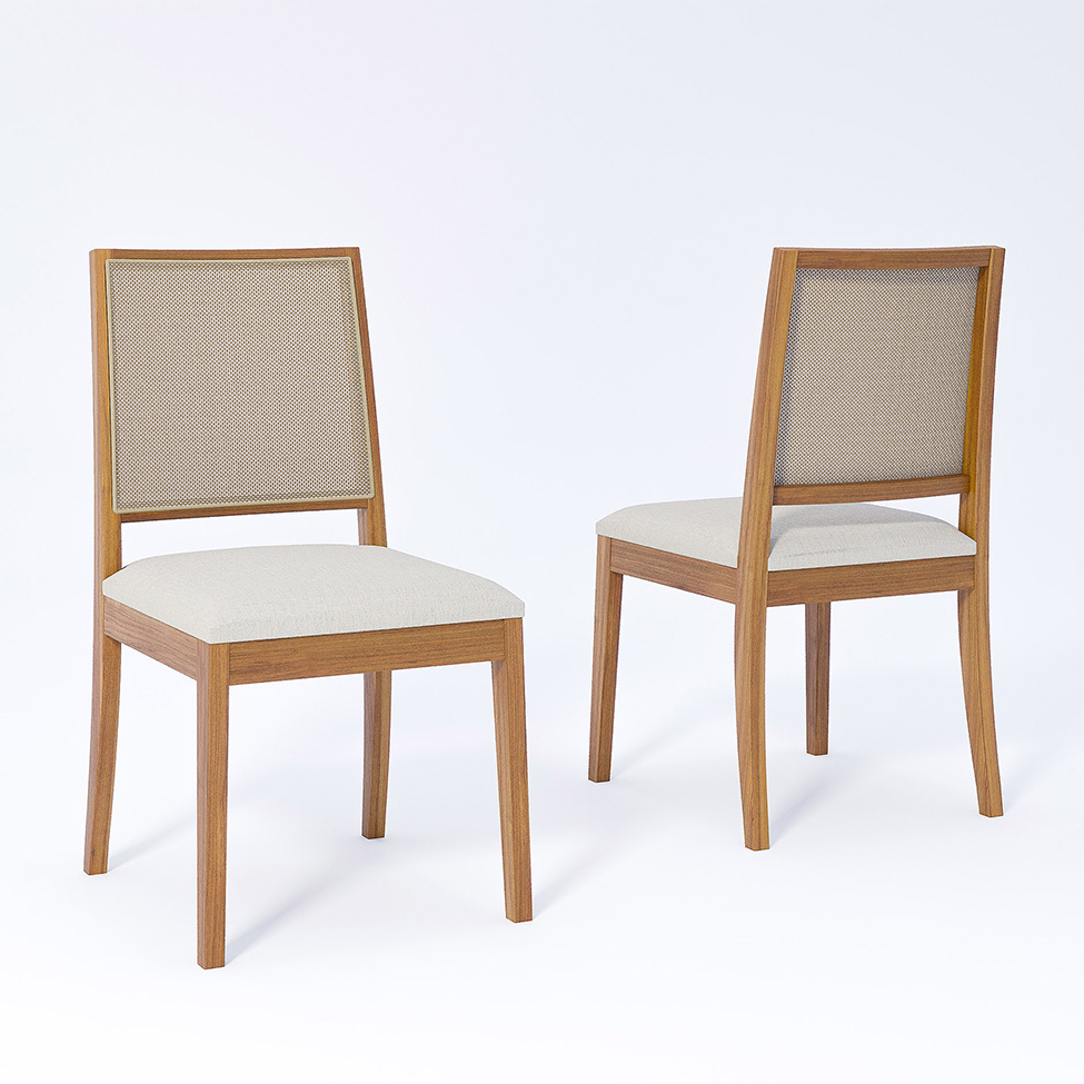 Conjunto de Mesa Retangular com Tampo de Vidro Off White Baobá e 6 Cadeiras Buriti Linho Cru e Madeira 180 cm