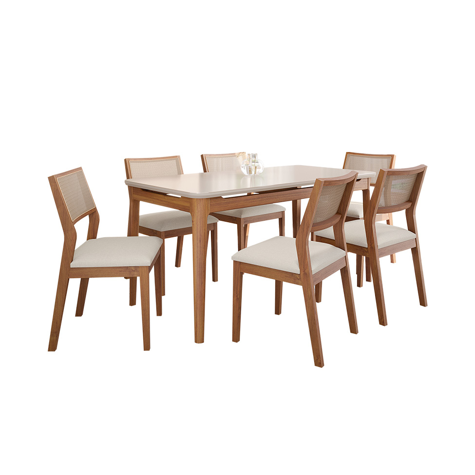 Conjunto de Mesa Retangular com Tampo de Vidro Off White Baobá e 6 Cadeiras Oiti Linho Cru e Madeira 160 cm