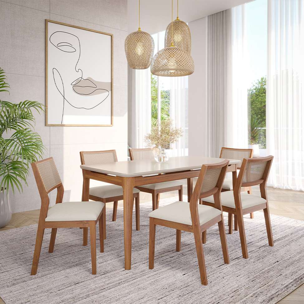 Conjunto de Mesa Retangular com Tampo de Vidro Off White Baobá e 6 Cadeiras Oiti Linho Cru e Madeira 160 cm