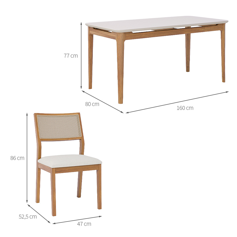 Conjunto de Mesa Retangular com Tampo de Vidro Off White Baobá e 6 Cadeiras Oiti Linho Cru e Madeira 160 cm