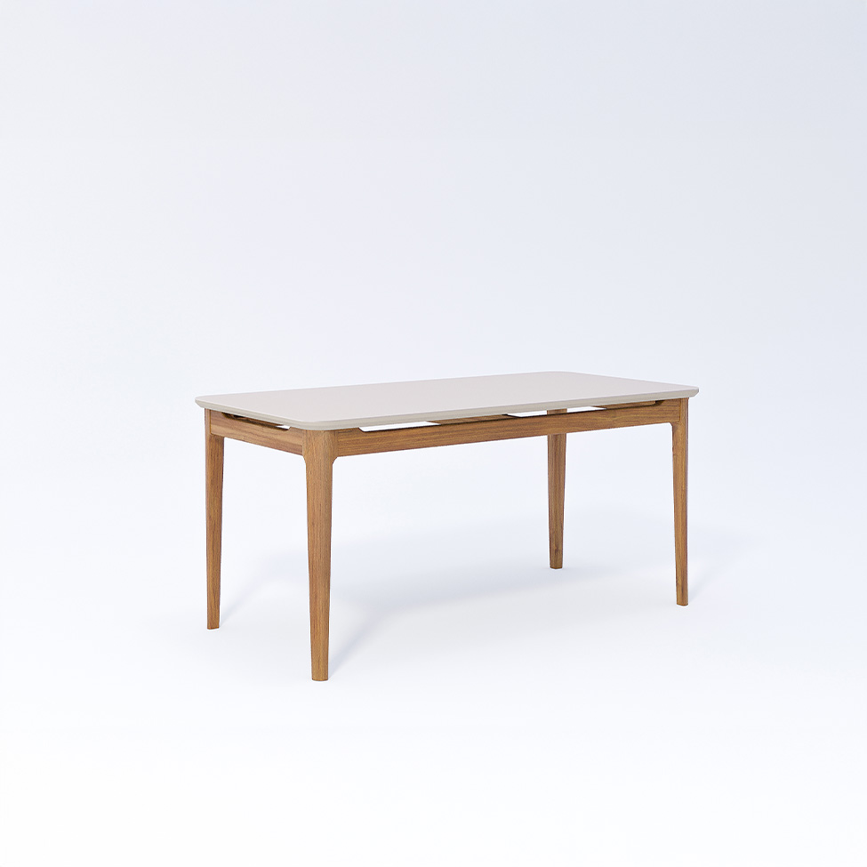 Conjunto de Mesa Retangular com Tampo de Vidro Off White Baobá e 6 Cadeiras Oiti Linho Cru e Madeira 160 cm