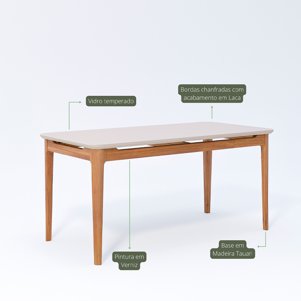 Conjunto de Mesa Retangular com Tampo de Vidro Off White Baobá e 6 Cadeiras Oiti Linho Cru e Madeira 160 cm