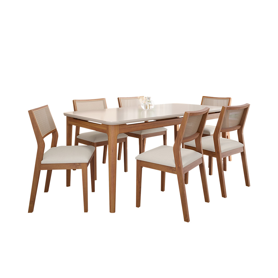 Conjunto de Mesa Retangular com Tampo de Vidro Off White Baobá e 6 Cadeiras Oiti Linho Cru e Madeira 180 cm