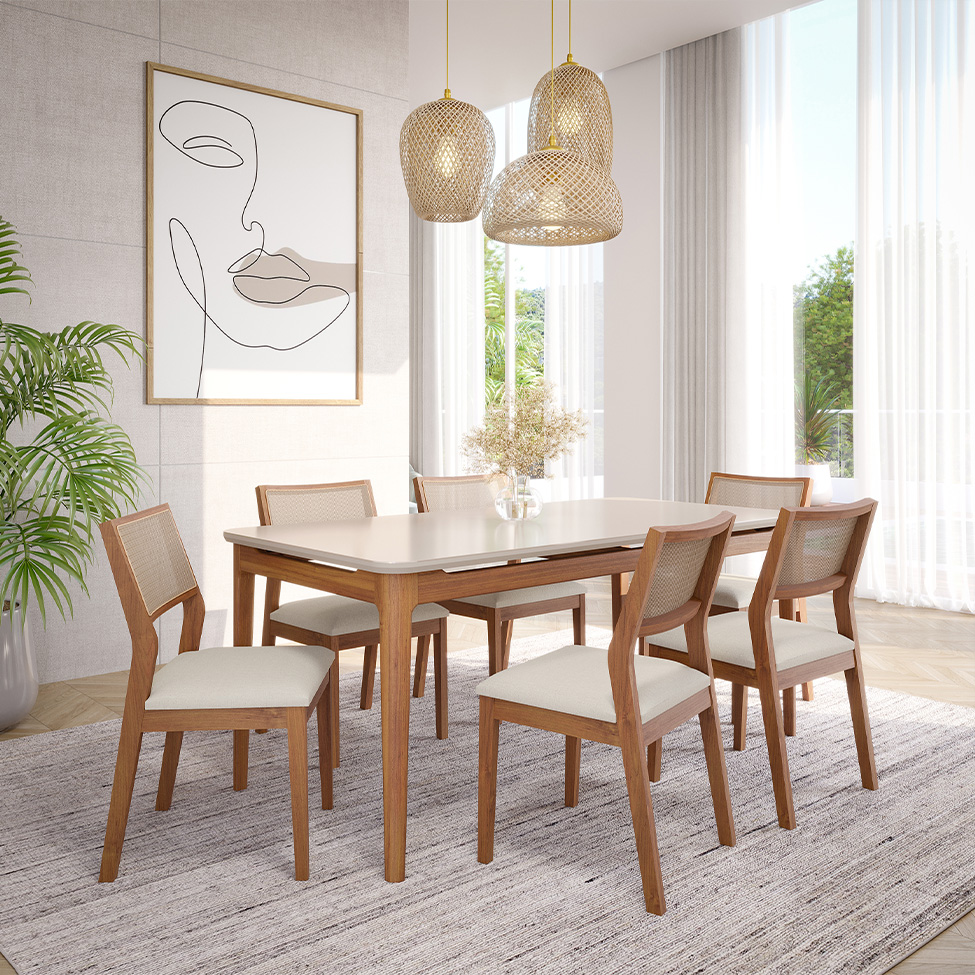 Conjunto de Mesa Retangular com Tampo de Vidro Off White Baobá e 6 Cadeiras Oiti Linho Cru e Madeira 180 cm