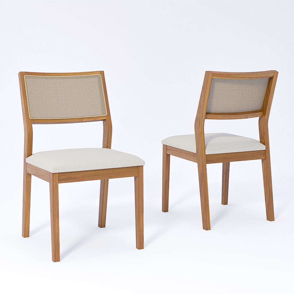 Conjunto de Mesa Retangular com Tampo de Vidro Off White Baobá e 6 Cadeiras Oiti Linho Cru e Madeira 180 cm