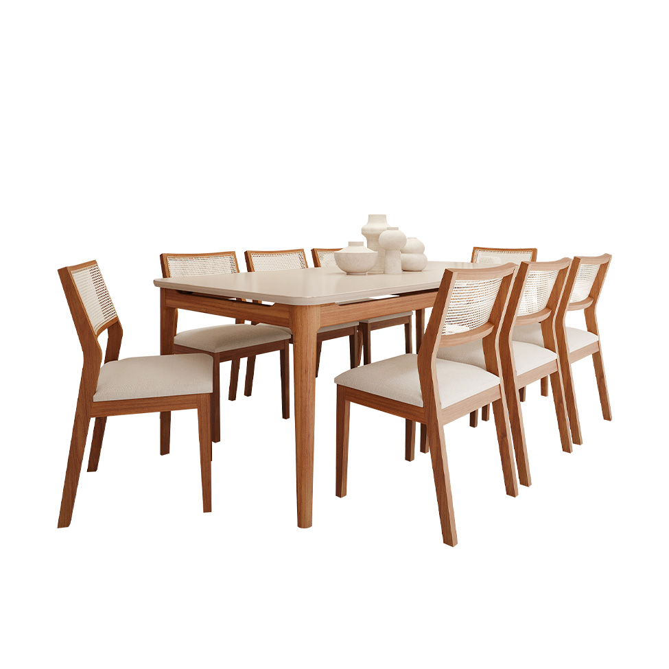 Conjunto de Mesa Retangular com Tampo de Vidro Off White Baobá e 8 Cadeiras Bella Linho Cru e Madeira 210 cm