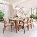 Conjunto de Mesa Retangular com Tampo de Vidro Off White Baobá e 8 Cadeiras Bella Linho Cru e Madeira 210 cm