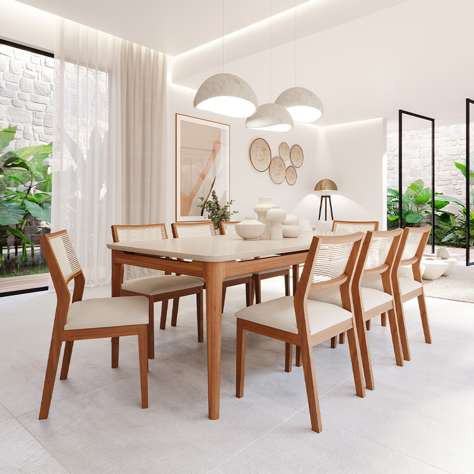 Conjunto de Mesa Retangular com Tampo de Vidro Off White Baobá e 8 Cadeiras Bella Linho Cru e Madeira 210 cm