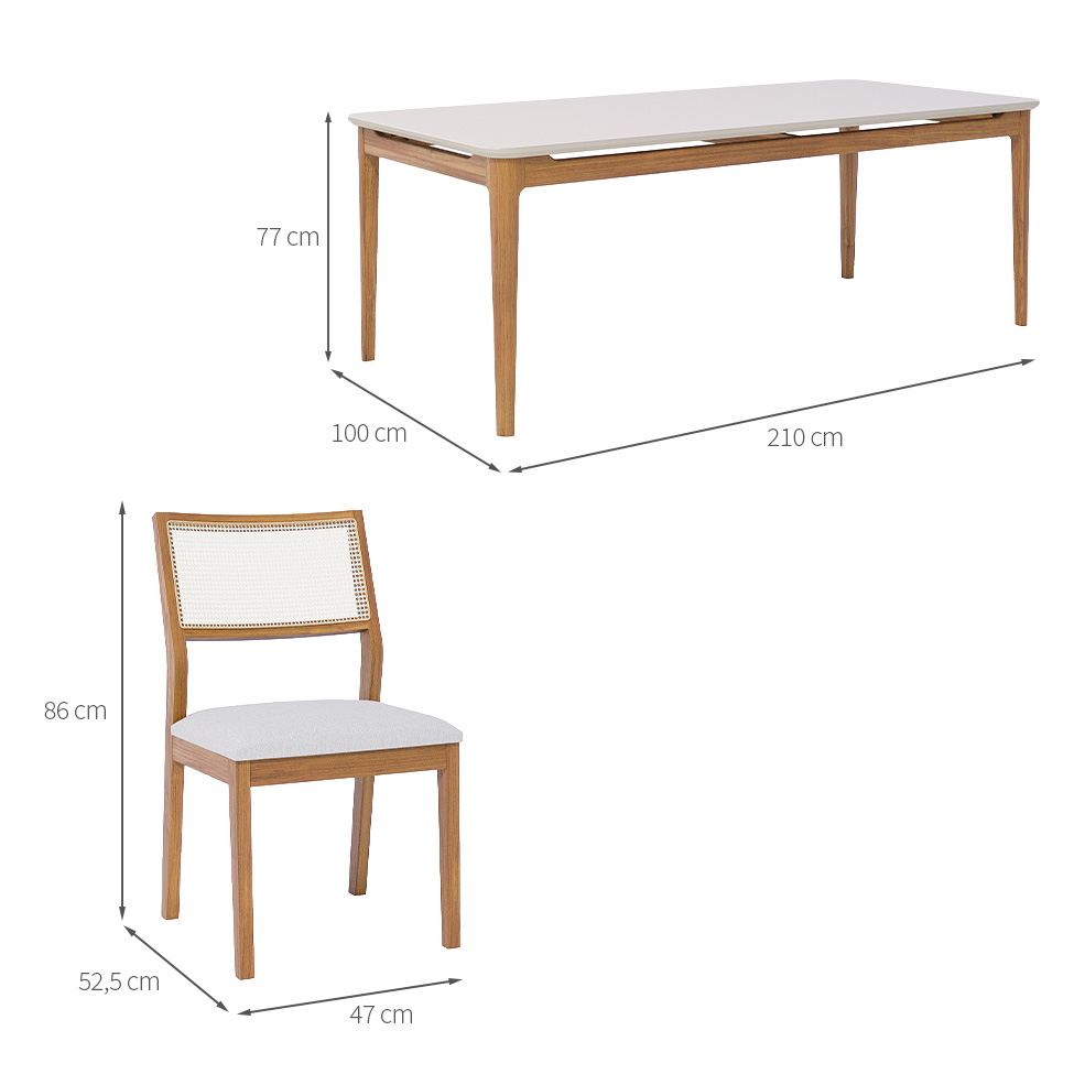 Conjunto de Mesa Retangular com Tampo de Vidro Off White Baobá e 8 Cadeiras Bella Linho Cru e Madeira 210 cm
