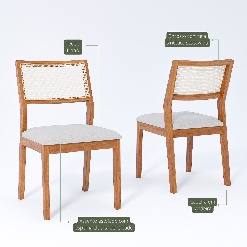 Conjunto de Mesa Retangular com Tampo de Vidro Off White Baobá e 8 Cadeiras Bella Linho Cru e Madeira 210 cm