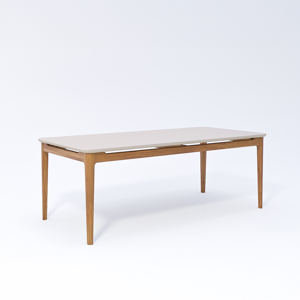 Conjunto de Mesa Retangular com Tampo de Vidro Off White Baobá e 8 Cadeiras Bella Linho Cru e Madeira 210 cm