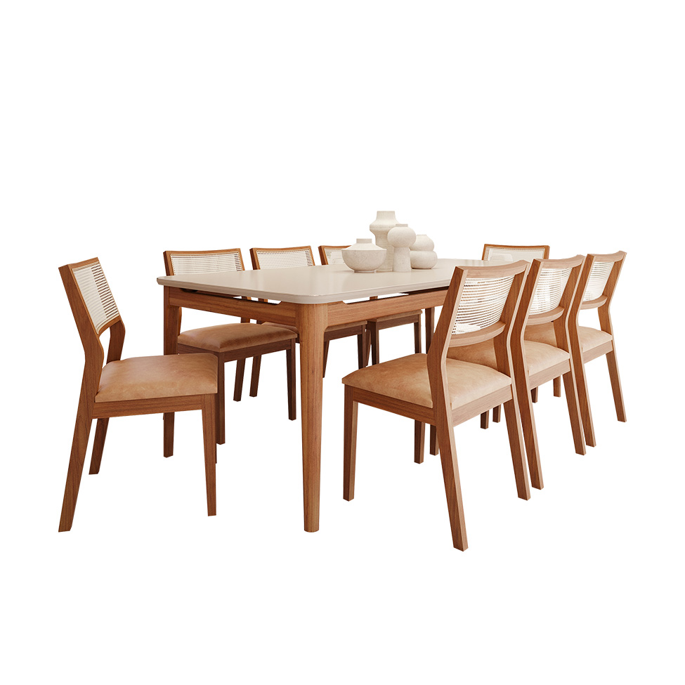 Conjunto de Mesa Retangular com Tampo de Vidro Off White Baobá e 8 Cadeiras Bella Revestimento Sintético Kaki e Madeira 210 cm