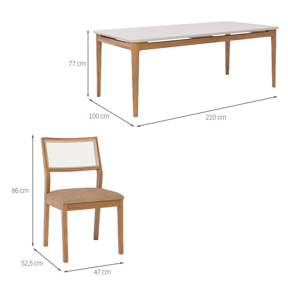 Conjunto de Mesa Retangular com Tampo de Vidro Off White Baobá e 8 Cadeiras Bella Revestimento Sintético Kaki e Madeira 210 cm