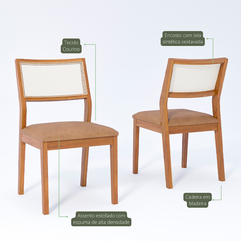 Conjunto de Mesa Retangular com Tampo de Vidro Off White Baobá e 8 Cadeiras Bella Revestimento Sintético Kaki e Madeira 210 cm