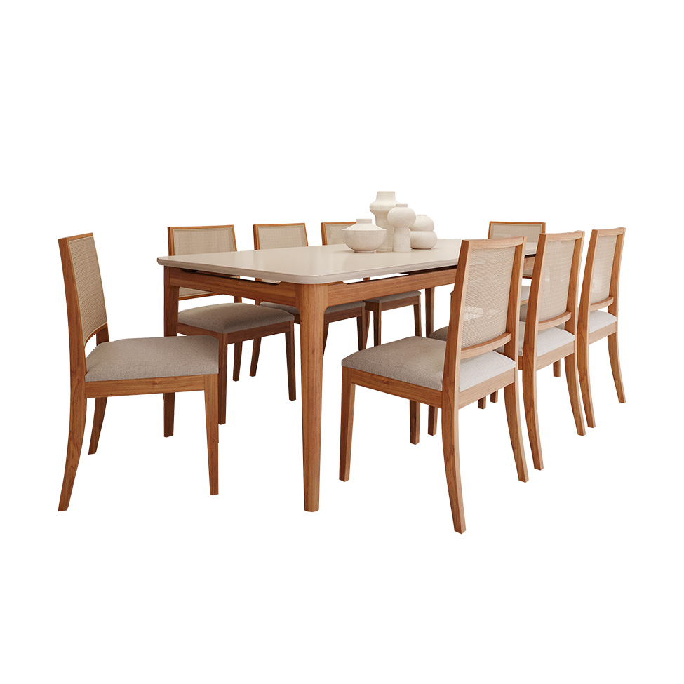 Conjunto de Mesa Retangular com Tampo de Vidro Off White Baobá e 8 Cadeiras Buriti Linho Bege e Madeira 210 cm