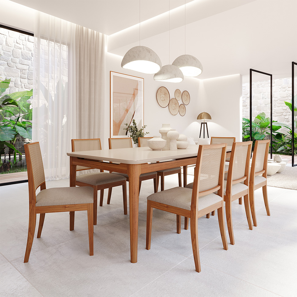 Conjunto de Mesa Retangular com Tampo de Vidro Off White Baobá e 8 Cadeiras Buriti Linho Bege e Madeira 210 cm