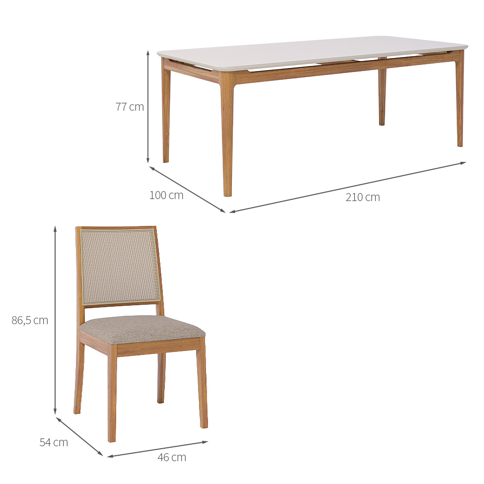 Conjunto de Mesa Retangular com Tampo de Vidro Off White Baobá e 8 Cadeiras Buriti Linho Bege e Madeira 210 cm