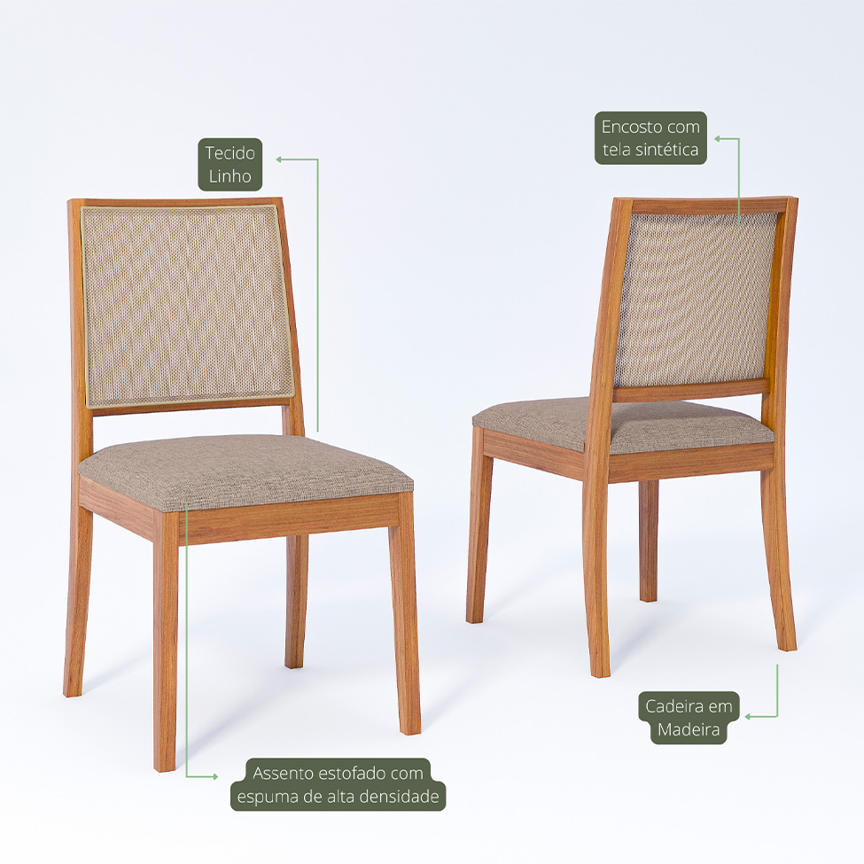 Conjunto de Mesa Retangular com Tampo de Vidro Off White Baobá e 8 Cadeiras Buriti Linho Bege e Madeira 210 cm