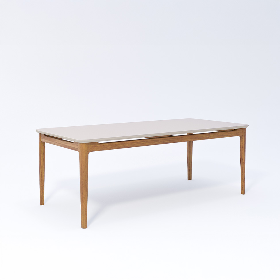 Conjunto de Mesa Retangular com Tampo de Vidro Off White Baobá e 8 Cadeiras Buriti Linho Bege e Madeira 210 cm