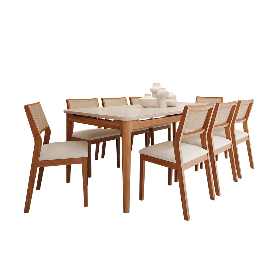 Conjunto de Mesa Retangular com Tampo de Vidro Off White Baobá e 8 Cadeiras Oiti Linho Cru e Madeira 210 cm