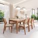 Conjunto de Mesa Retangular com Tampo de Vidro Off White Baobá e 8 Cadeiras Oiti Linho Cru e Madeira 210 cm