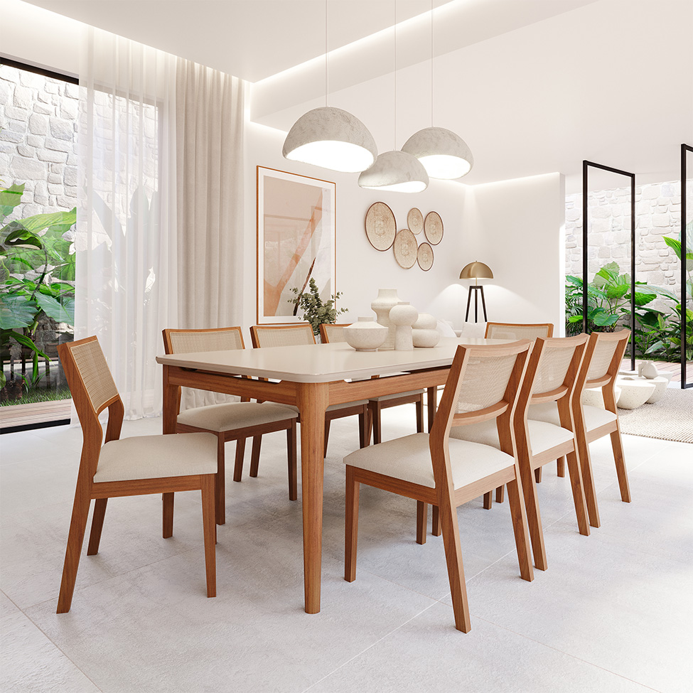 Conjunto de Mesa Retangular com Tampo de Vidro Off White Baobá e 8 Cadeiras Oiti Linho Cru e Madeira 210 cm