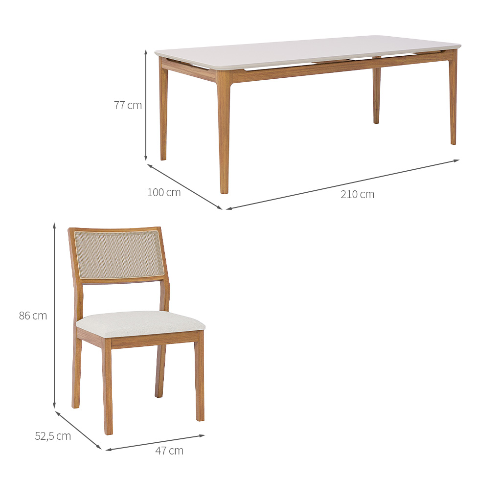 Conjunto de Mesa Retangular com Tampo de Vidro Off White Baobá e 8 Cadeiras Oiti Linho Cru e Madeira 210 cm