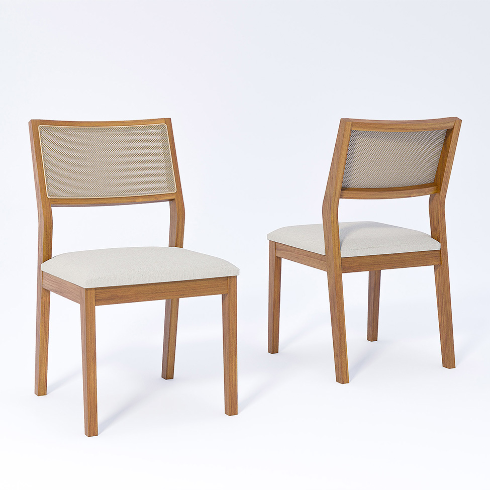 Conjunto de Mesa Retangular com Tampo de Vidro Off White Baobá e 8 Cadeiras Oiti Linho Cru e Madeira 210 cm