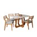 Conjunto de Mesa Retangular com Tampo de Vidro Off White Bromélia e 4 Cadeiras Damasco Linho Cinza e Madeira 130 cm
